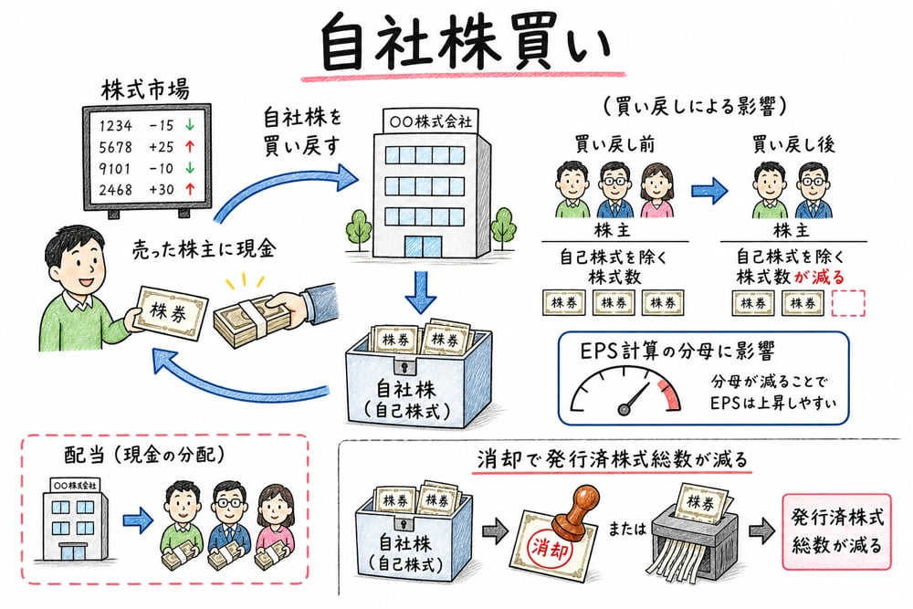 自社株買いで売却株主へ現金が渡り株式数が減る仕組みの図解