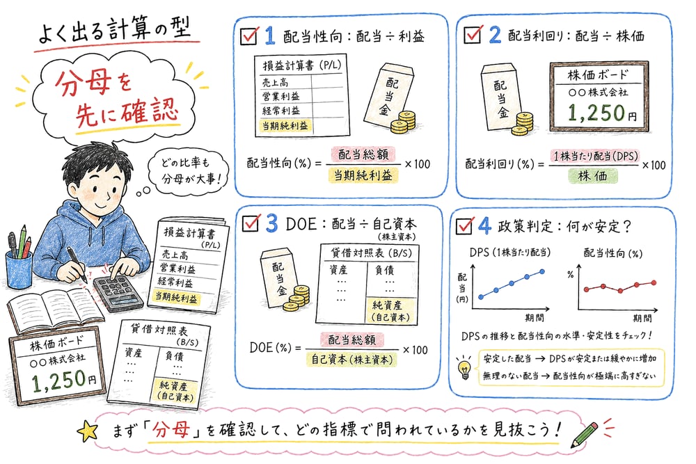 配当性向・配当利回り・DOE・政策判定で確認する分母と安定対象の図解