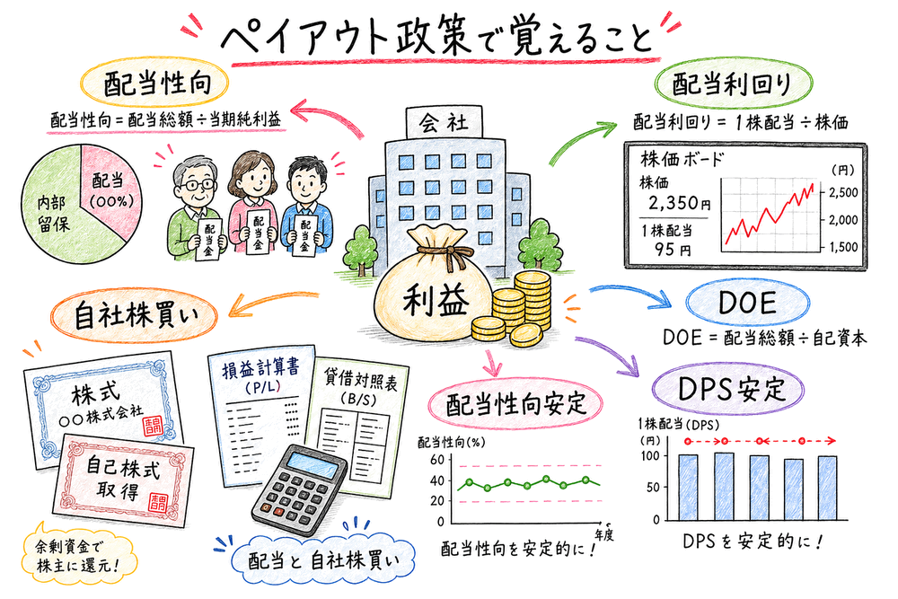 配当性向・配当利回り・DOE・配当政策・自社株買いを章の入口で整理する図解