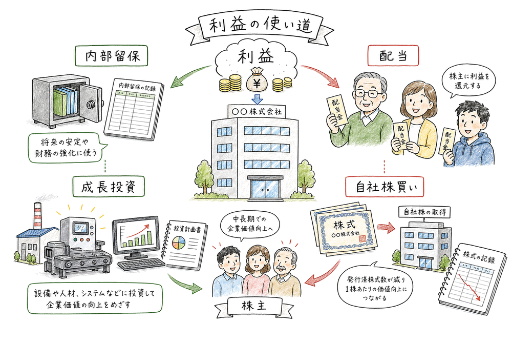 利益を内部留保・成長投資・配当・自社株買いへ振り分けるペイアウト政策の図解