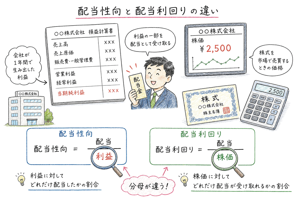 配当性向と配当利回りの分母の違いを比較する図解