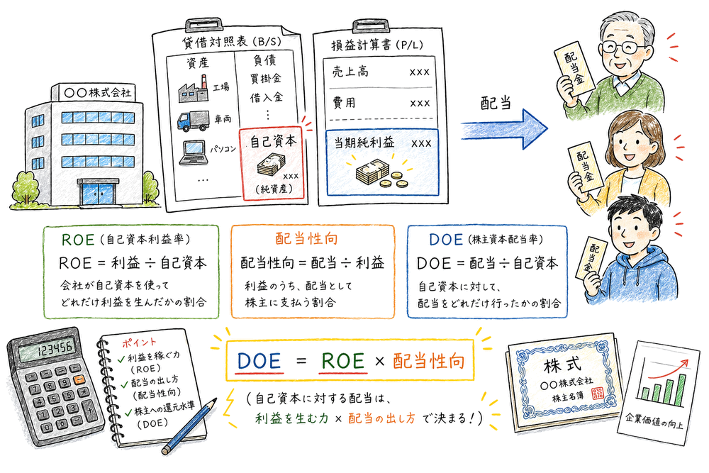 DOEがROEと配当性向を掛け合わせた関係になることを示す図解