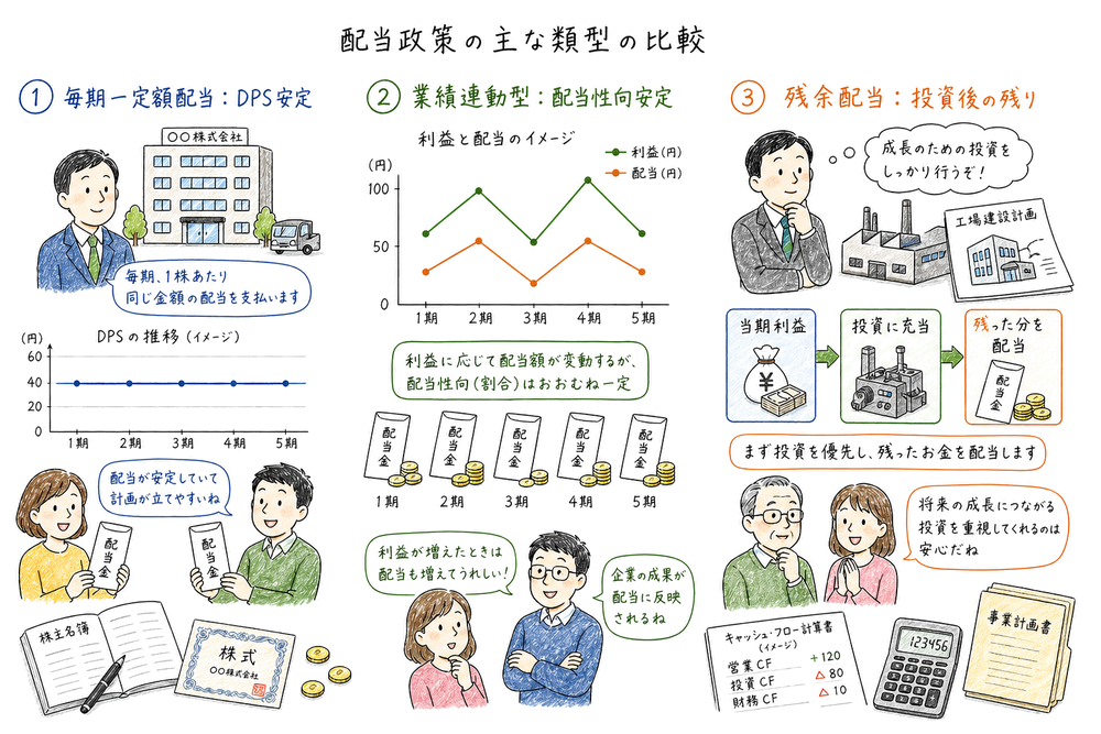毎期一定額配当・業績連動型配当・残余配当政策の違いを比較する図解