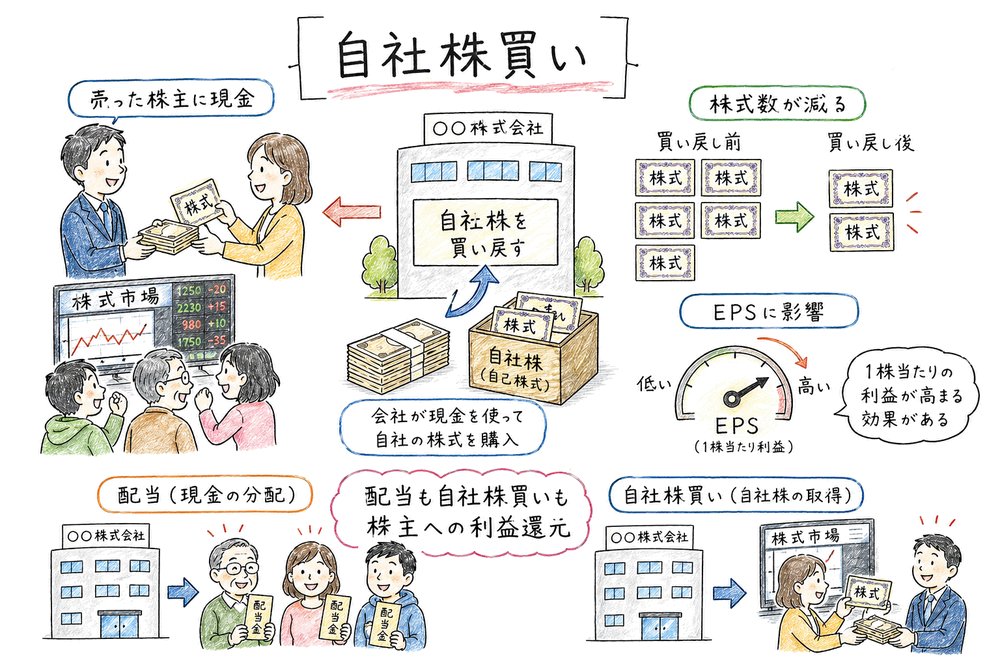 自社株買いで売却株主へ現金が渡り株式数が減る仕組みの図解