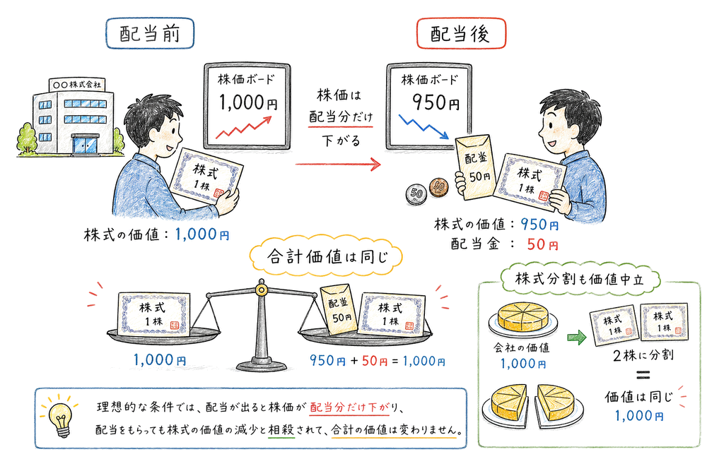 配当後に株価が配当分だけ下がり合計価値が同じになることを示す図解