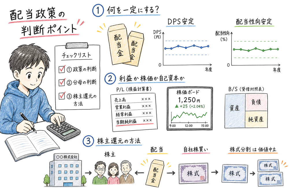 ペイアウト政策の安定対象・分母・株主還元手段をまとめて確認する図解