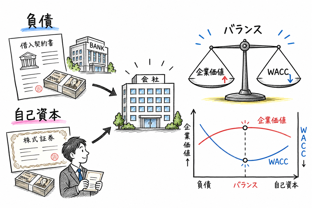 負債と自己資本のバランスで企業価値とWACCを考える図解