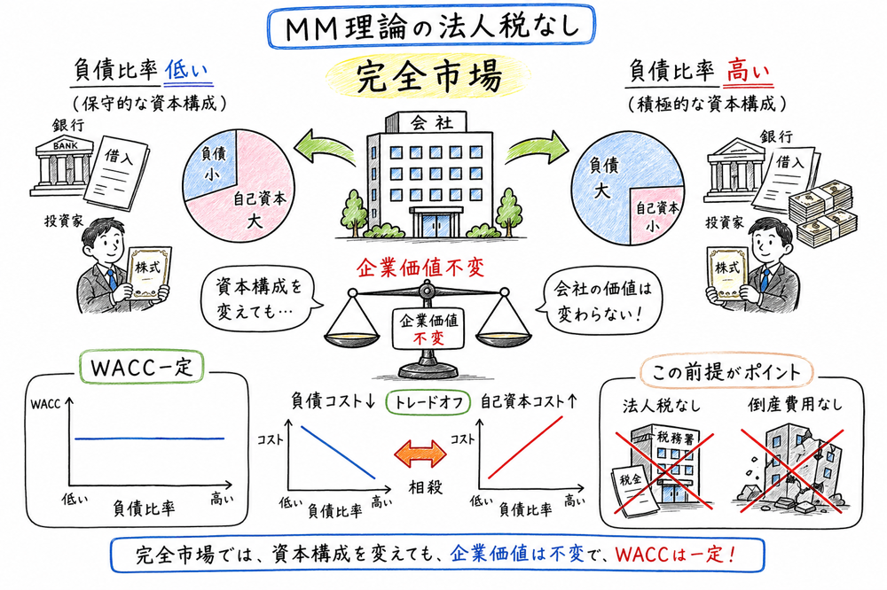 法人税なしMM理論で企業価値とWACCが変わらないことを示す図解