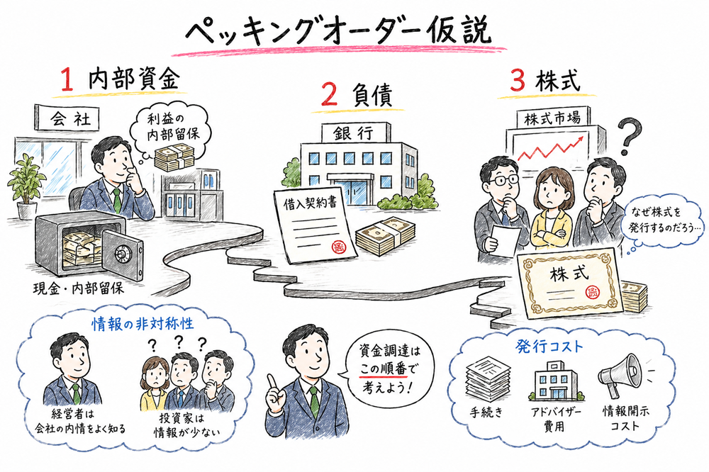内部資金、負債、株式の順で資金調達を選ぶペッキングオーダー仮説の図解