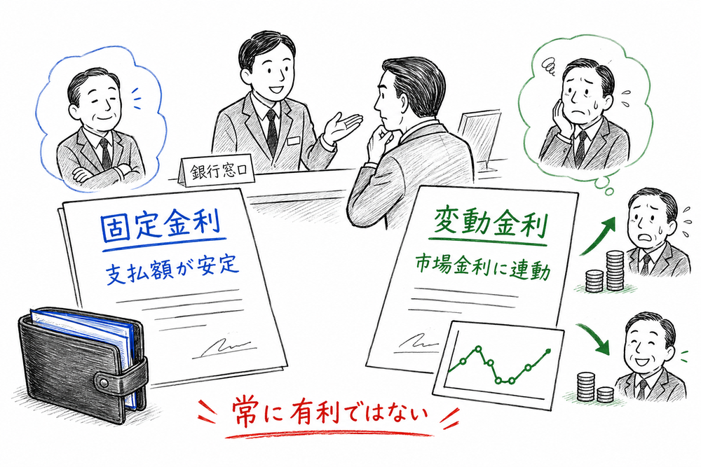 固定金利と変動金利の有利不利を比較する図解