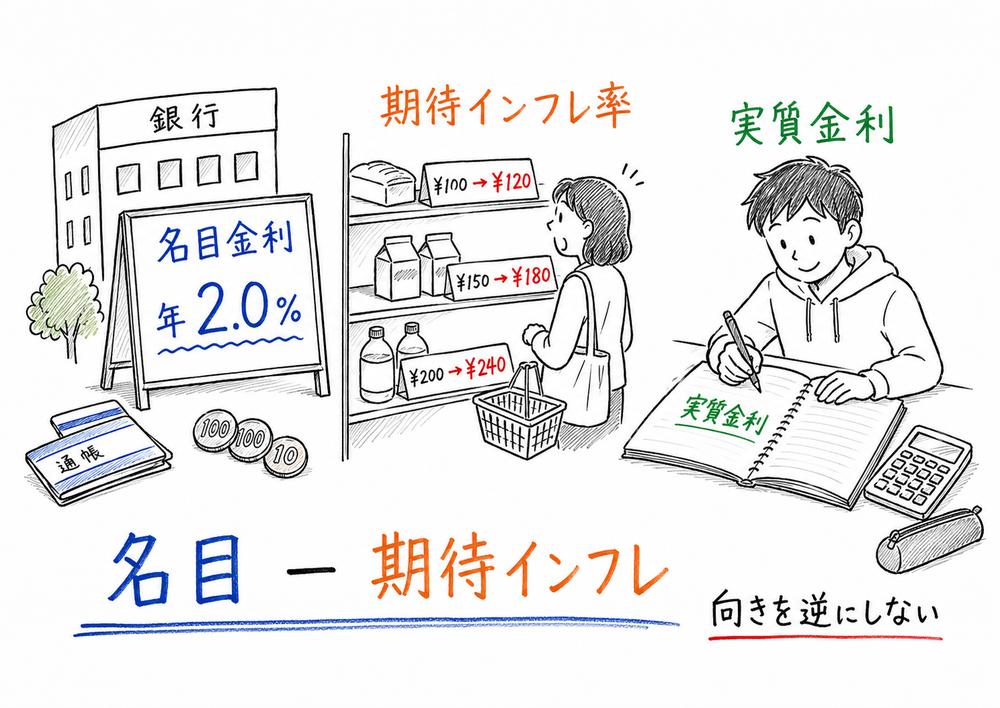 名目金利から期待インフレ率を差し引いて実質金利を考える図解