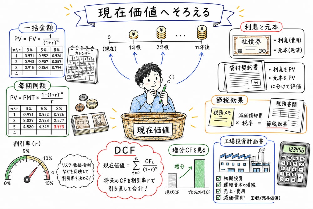 将来のお金を現在価値へそろえ、DCFや増分キャッシュフローを確認する章頭図解