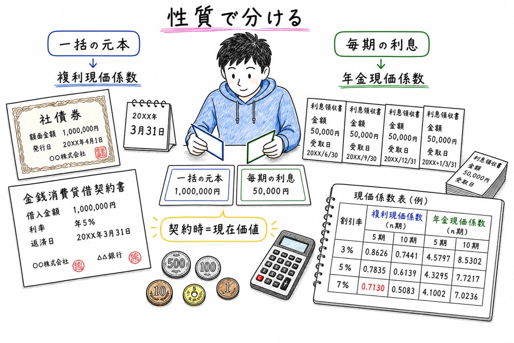 一括の元本には複利現価係数、毎期の利息には年金現価係数を使い分ける図解