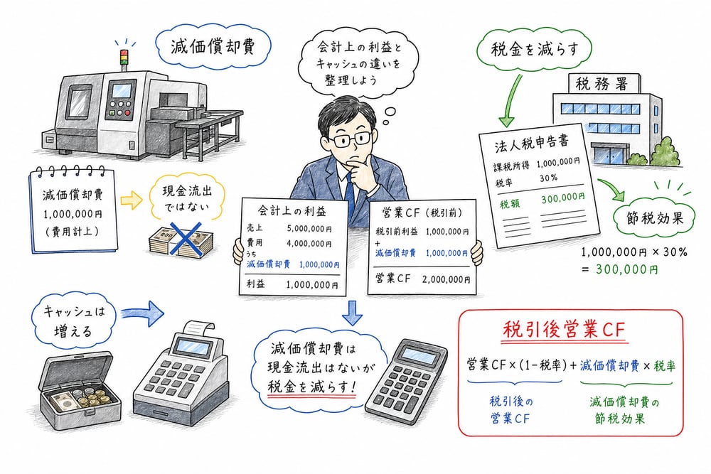 減価償却費は現金流出ではないが税金を減らして税引後営業キャッシュフローを増やす図解
