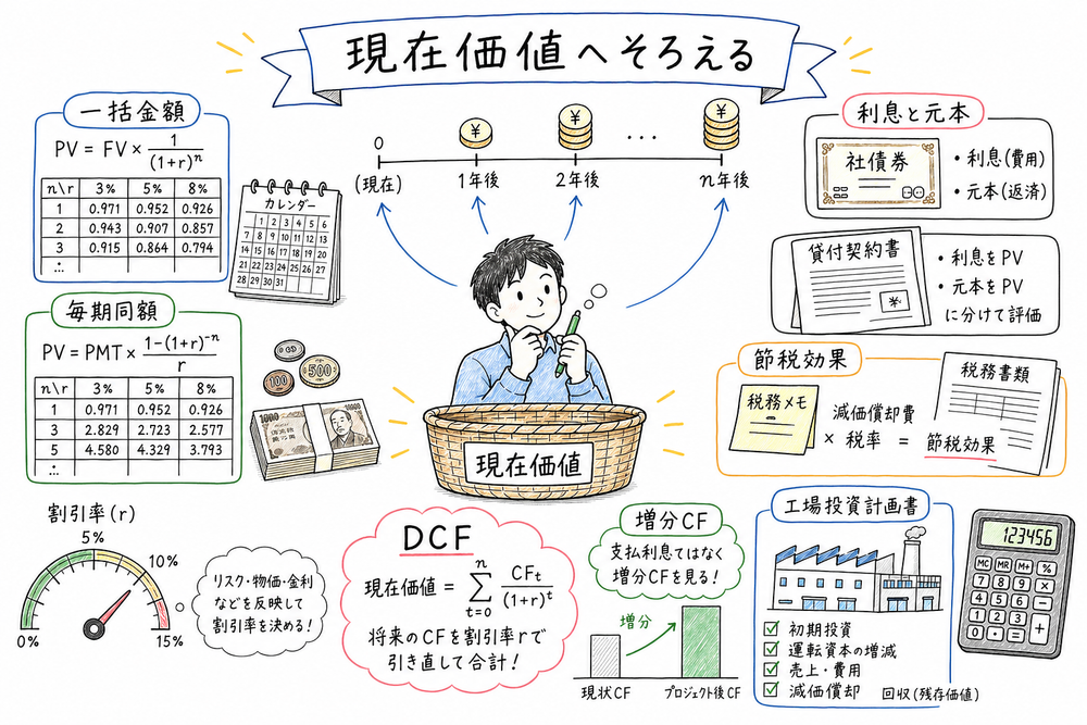 将来のお金を現在価値へそろえ、DCFや増分キャッシュフローを確認する章頭図解