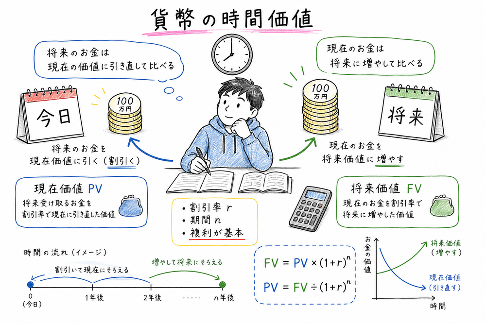 今日のお金と将来のお金を現在価値と将来価値で比較する図解