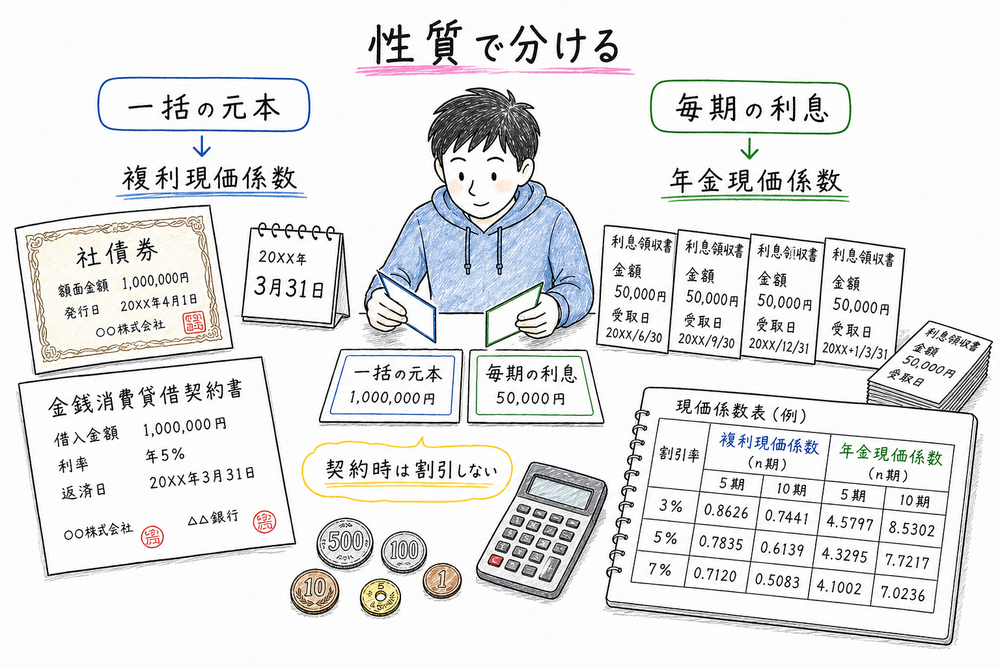 一括の元本には複利現価係数、毎期の利息には年金現価係数を使い分ける図解