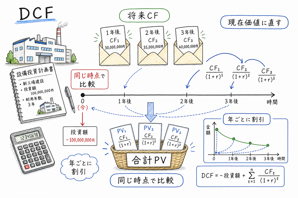 将来キャッシュフローを年ごとに現在価値へ割り引いて合計するDCFの図解