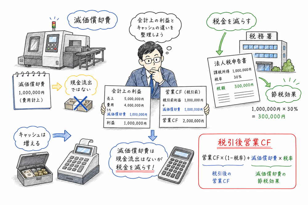 減価償却費は現金流出ではないが税金を減らして税引後営業キャッシュフローを増やす図解
