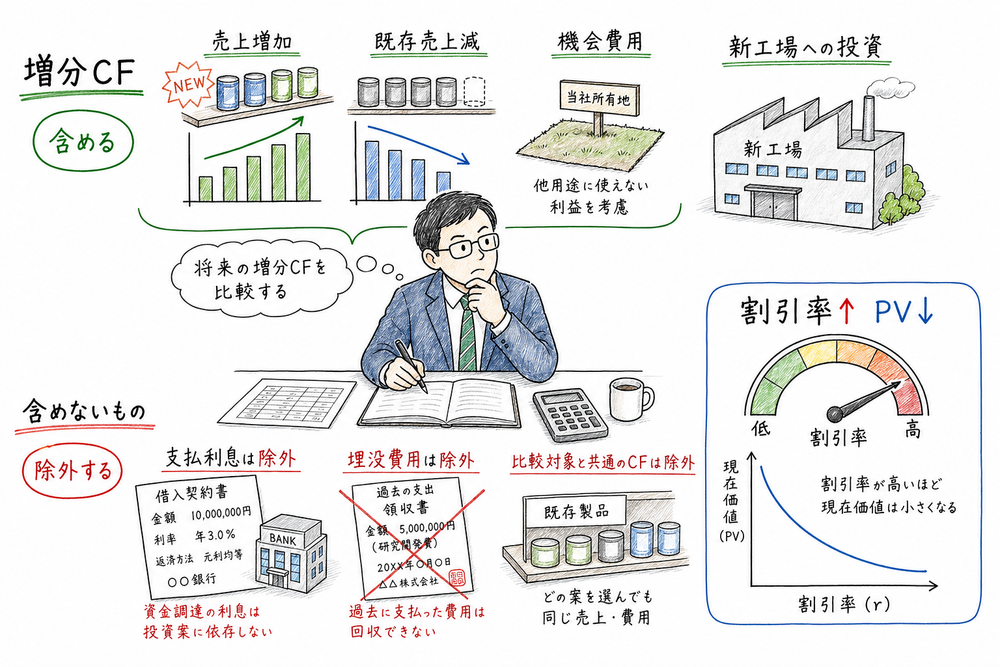 増分キャッシュフローでは機会費用や既存売上減を含め、支払利息や埋没費用を除外する図解