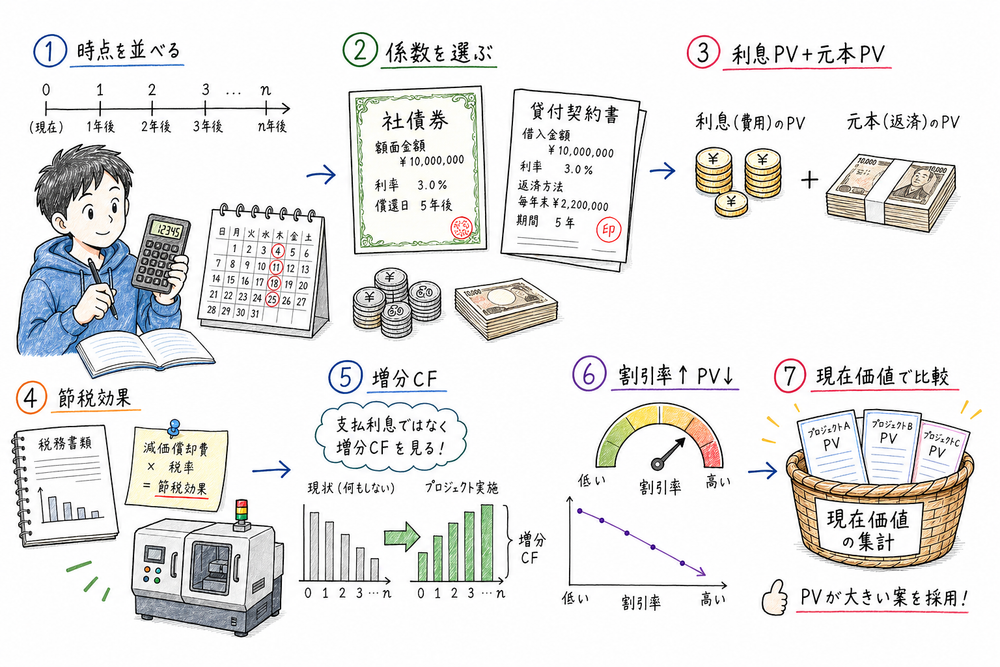 時点、係数、利息と元本、節税効果、増分キャッシュフロー、割引率を確認する章末図解
