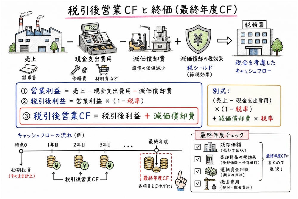 税引後営業キャッシュフローと最終年度の残存価額や運転資金回収を確認する図解