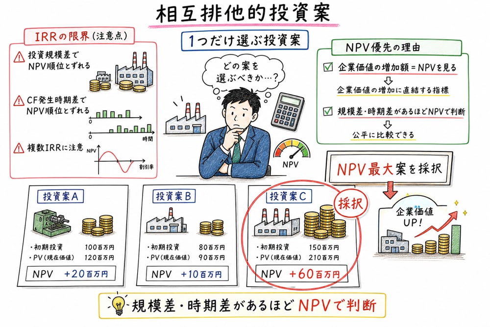 相互排他的投資案でIRRやPIではなくNPV最大基準を優先する理由の図解