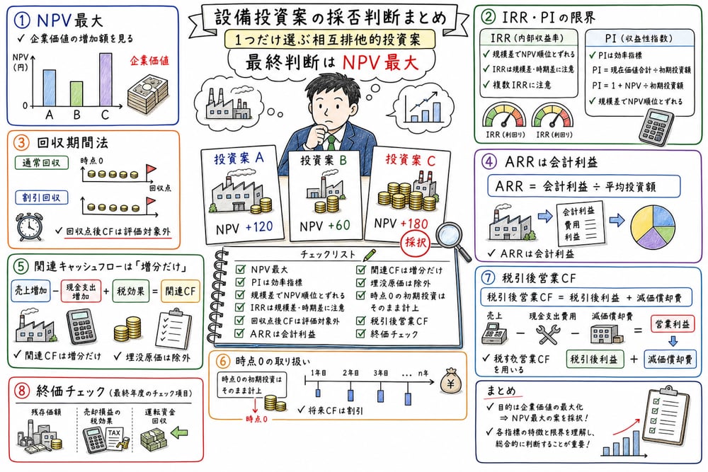 投資評価基準のまとめとしてNPV最大、IRRとPIの限界、関連キャッシュフロー、税効果、終価チェックを確認する図解