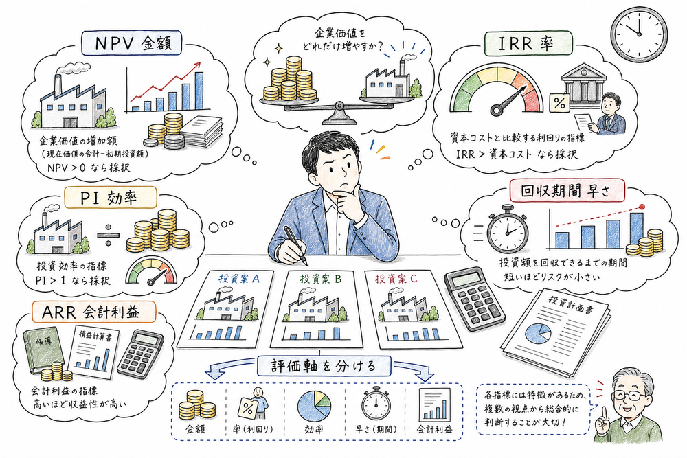 投資評価基準の評価軸をNPV、IRR、PI、回収期間法、ARRに分けて示す図解