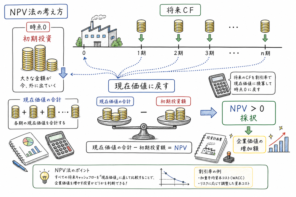 NPV法で将来キャッシュフローを現在価値に戻し初期投資額を差し引く考え方の図解