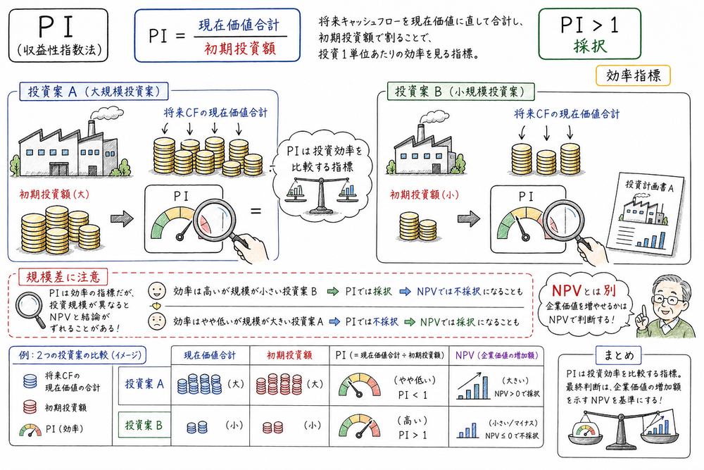 PI法で現在価値合計を初期投資額で割り投資効率を見る図解