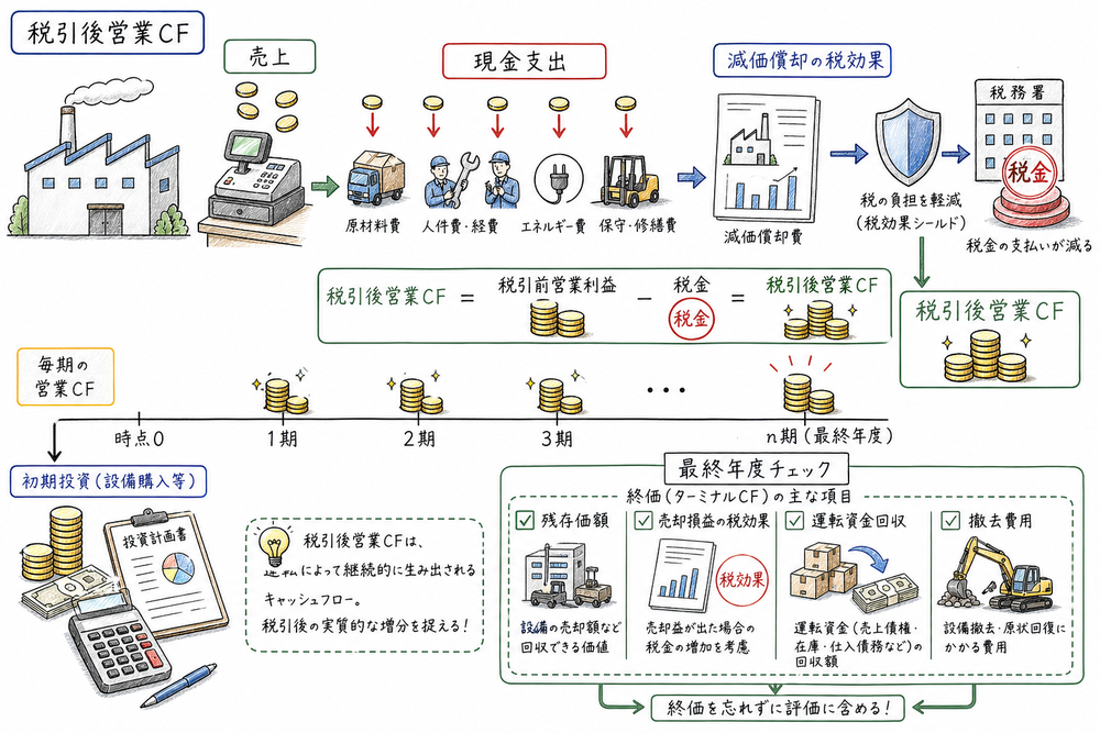 税引後営業キャッシュフローと最終年度の残存価額や運転資金回収を確認する図解