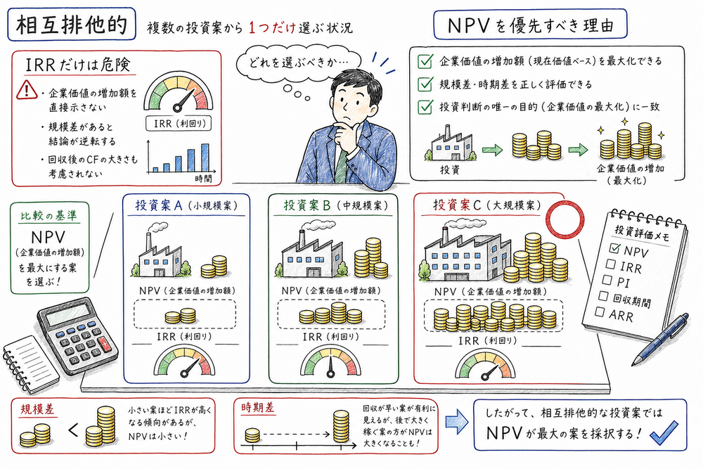 相互排他的投資案でIRRやPIではなくNPV最大基準を優先する理由の図解