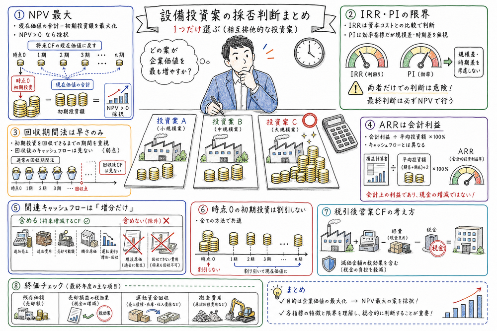 投資評価基準のまとめとしてNPV最大、IRRとPIの限界、関連キャッシュフロー、税効果、終価チェックを確認する図解