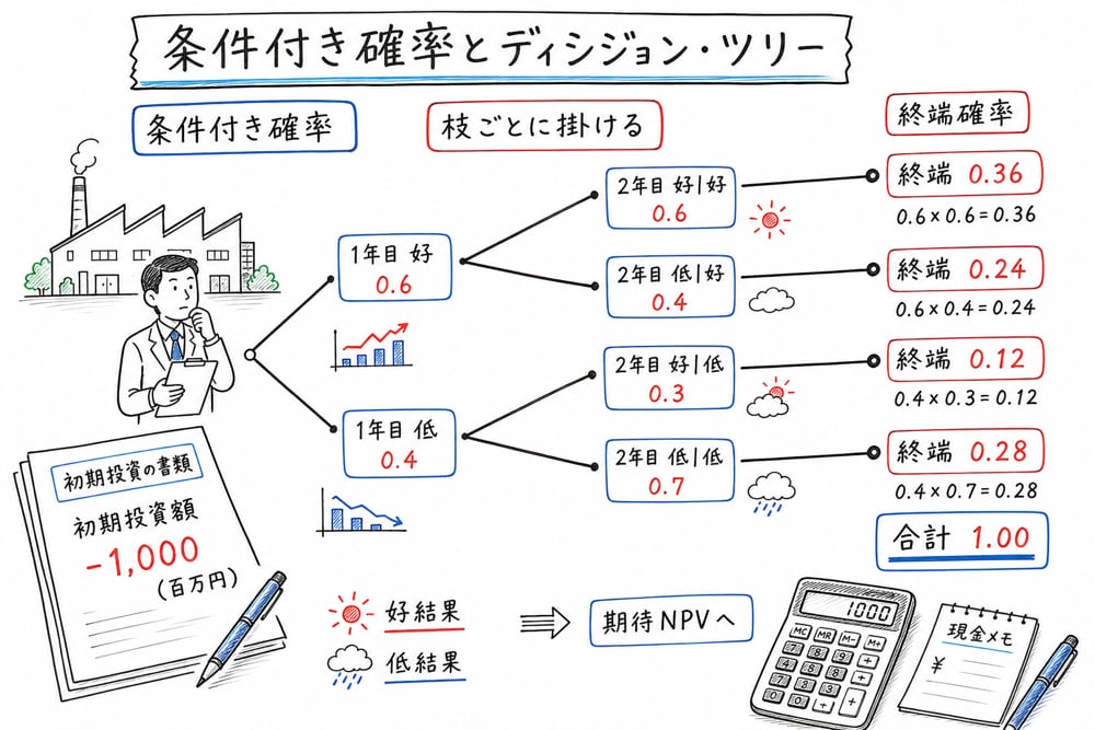 条件付き確率を枝ごとに掛けて終端確率へ直す図解