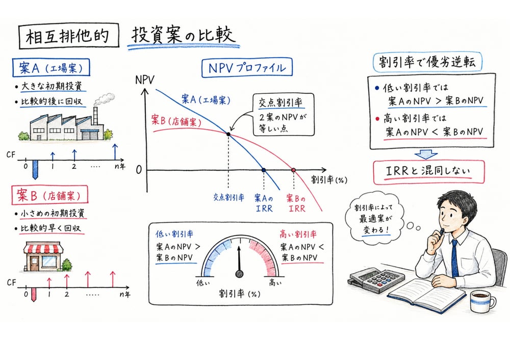 相互排他的投資案をNPVプロファイルと交点割引率で比較する図解
