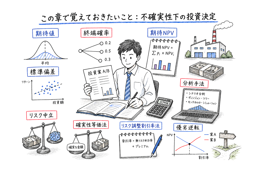 不確実性下の投資決定で覚える期待値、リスク、調整法、分析手法の全体像