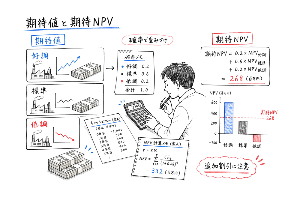 期待値と期待NPVをシナリオ別の確率で重みづけして求める図解