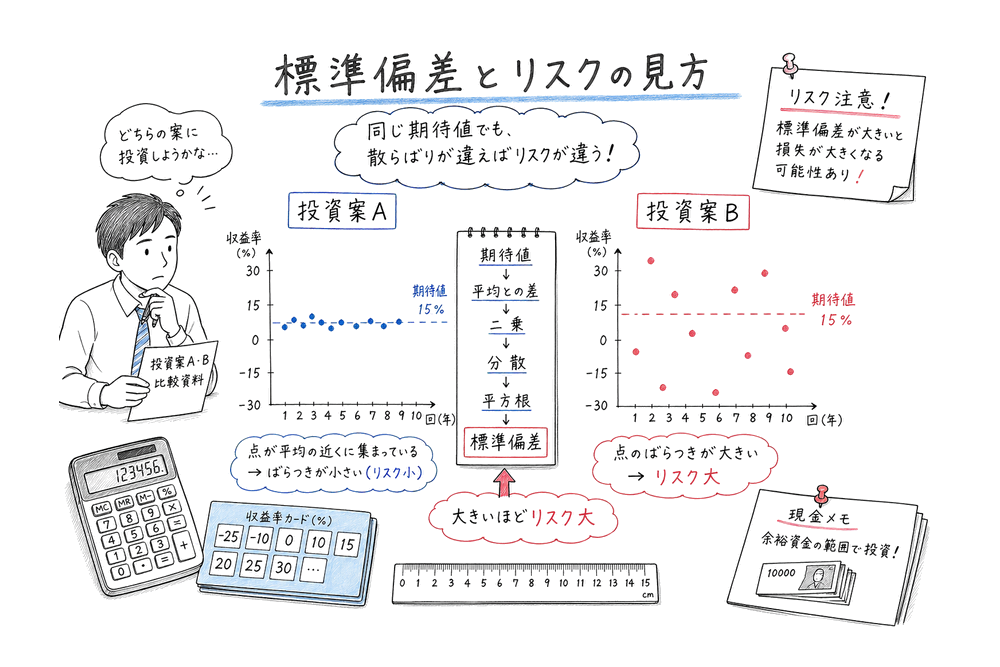 標準偏差で期待値からの散らばりとリスクの大きさを見る図解