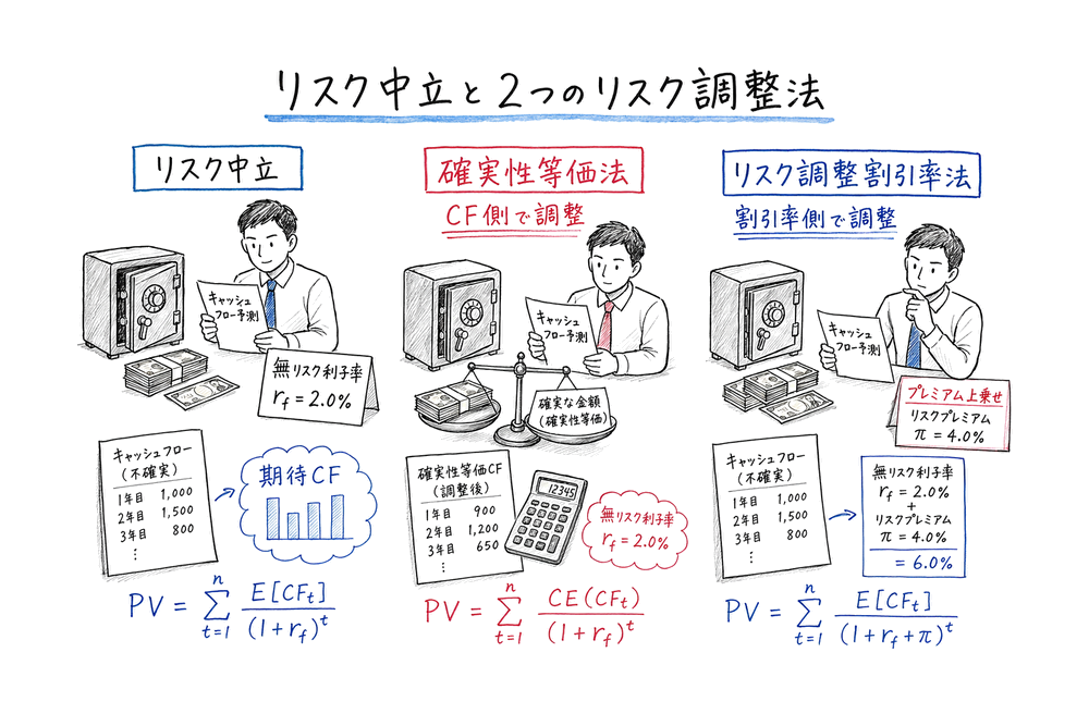 リスク中立、確実性等価法、リスク調整割引率法の調整位置を比べる図解