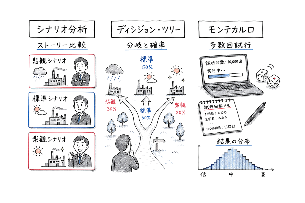 シナリオ分析、ディシジョン・ツリー分析、モンテカルロ・シミュレーションを見分ける図解