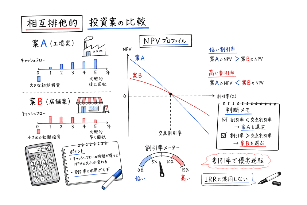 相互排他的投資案をNPVプロファイルと交点割引率で比較する図解