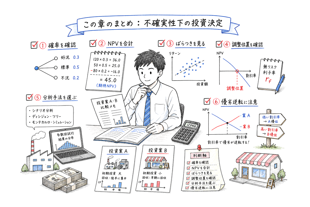 不確実性下の投資決定で確率、NPV、ばらつき、調整位置、投資案比較を確認するまとめ図