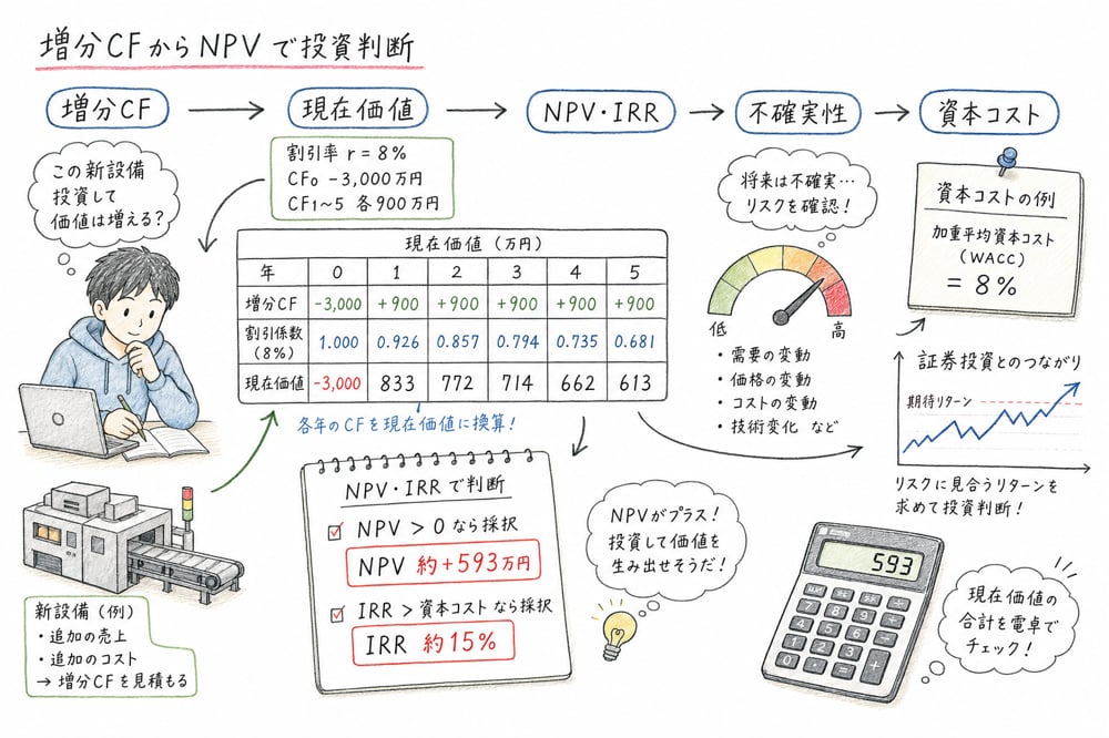 実物投資で最初に押さえる増分キャッシュフロー、現在価値、NPV・IRR、不確実性、資本コストの見取り図