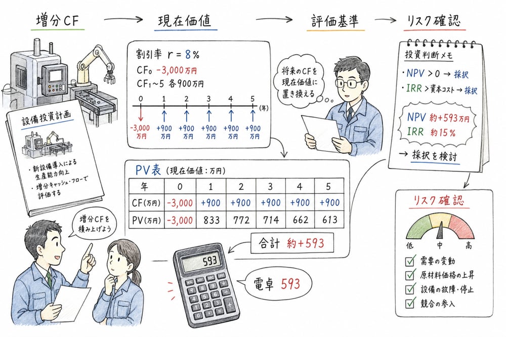 実物投資章で増分キャッシュフローからリスク確認までを順に見る図解