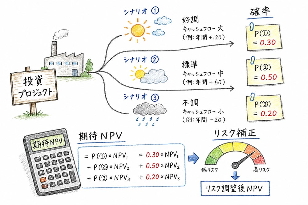 シナリオ・確率・期待NPV・リスク補正で不確実性を扱う図解