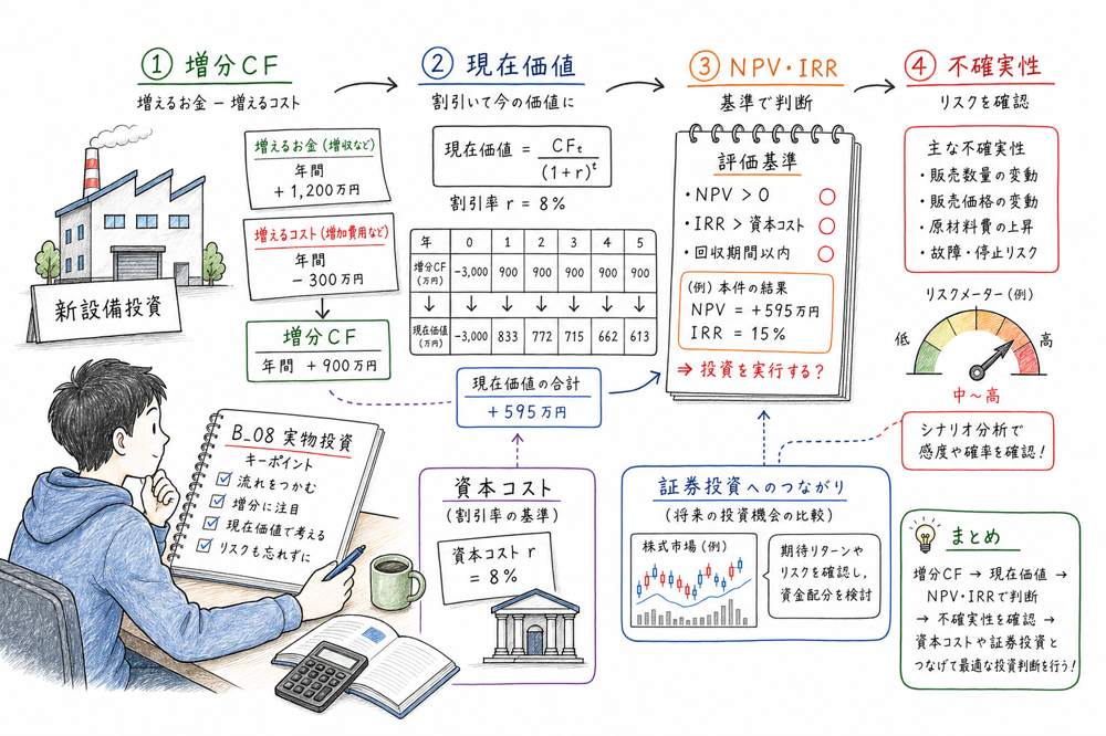 実物投資で最初に押さえる増分キャッシュフロー、現在価値、NPV・IRR、不確実性、資本コストの見取り図