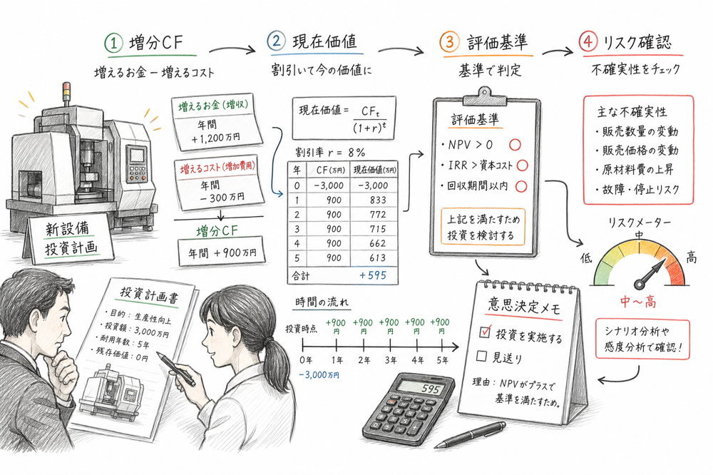実物投資章で増分キャッシュフローからリスク確認までを順に見る図解