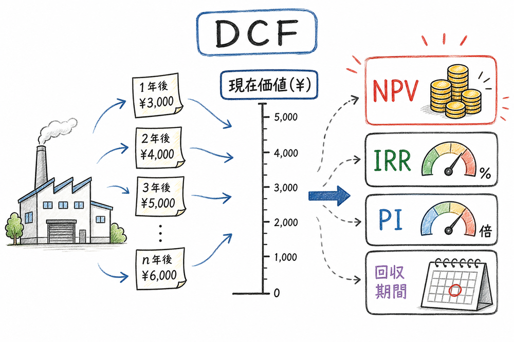 DCFで現在価値に直した後、NPV・IRR・PI・回収期間で判断する図解