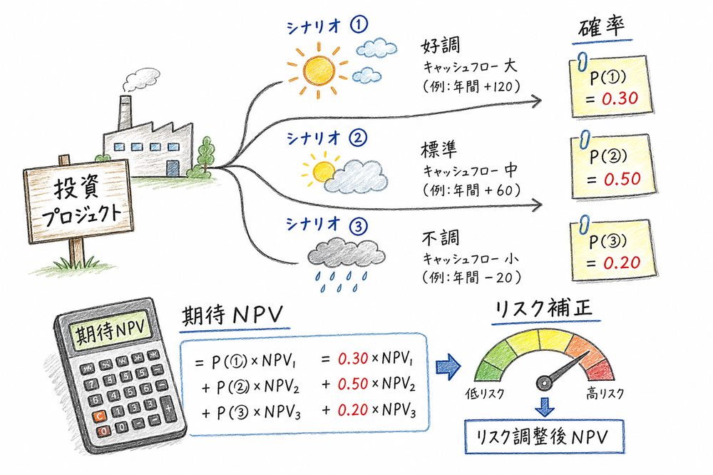 シナリオ・確率・期待NPV・リスク補正で不確実性を扱う図解